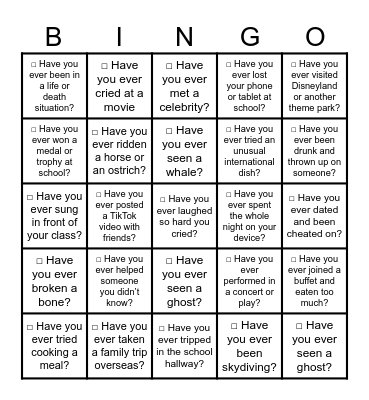 Never Have I Ever... Bingo Card