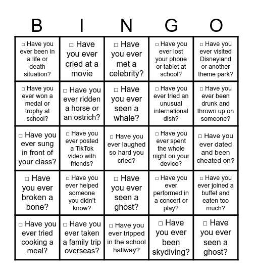 Never Have I Ever... Bingo Card