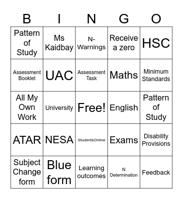 Year 12 Induction Day Bingo Card