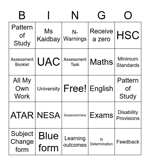 Year 12 Induction Day Bingo Card