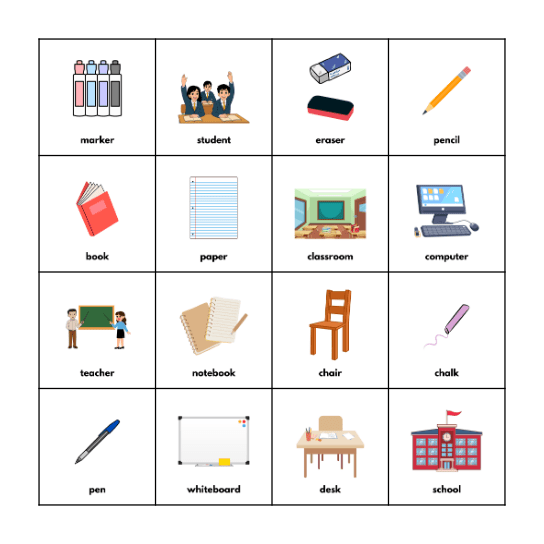 Classroom Vocabulary Bingo Card