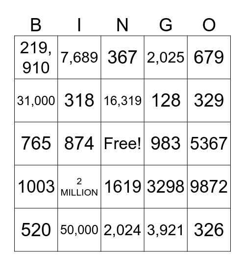 PLACE VALUE Bingo Card