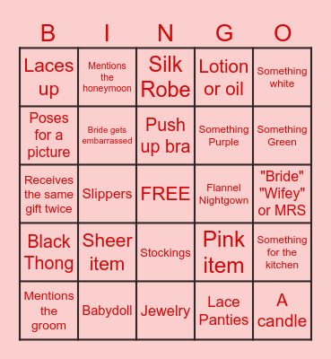 Bridal Bingo Card