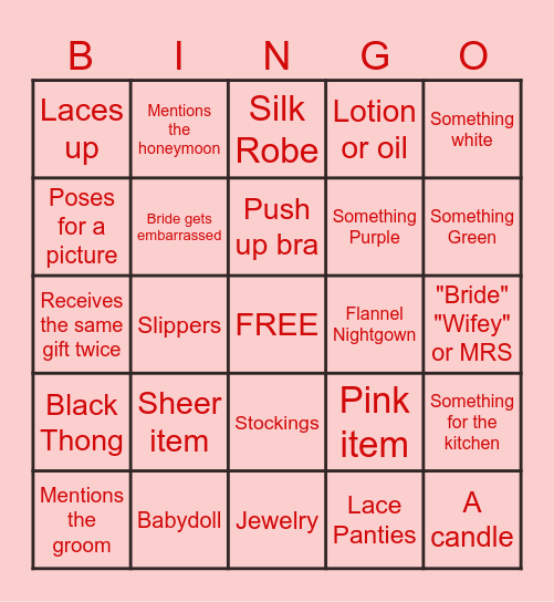 Bridal Bingo Card