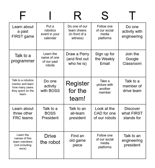 Robotics Rookie Bingo Card