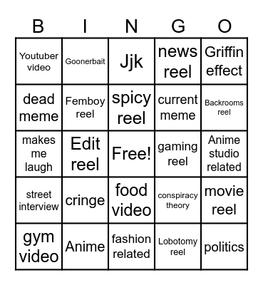 Instagram reel bingo Card