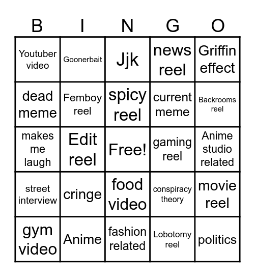 Instagram reel bingo Card