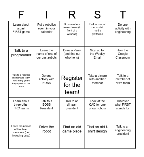 Robotics Rookie Bingo Card