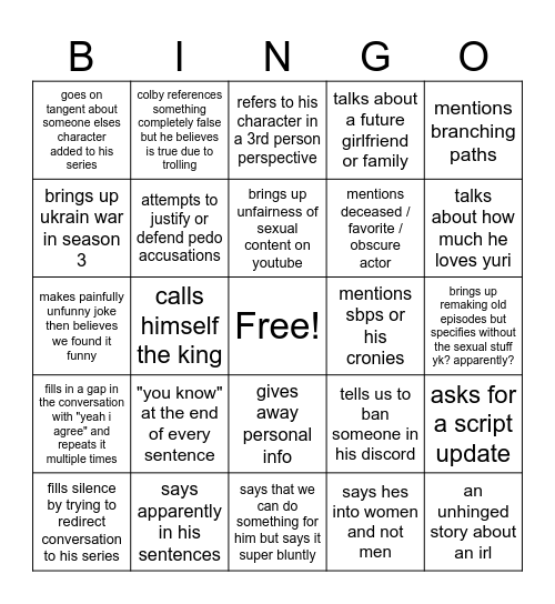 Colby Jahams Bingo Card