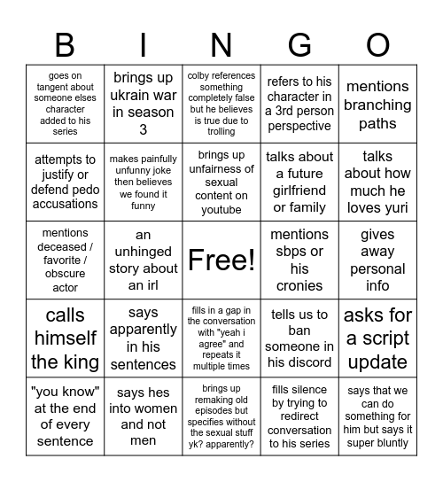 Colby Jahams Bingo Card