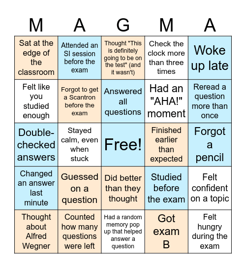 Exam 1 Bingo Card