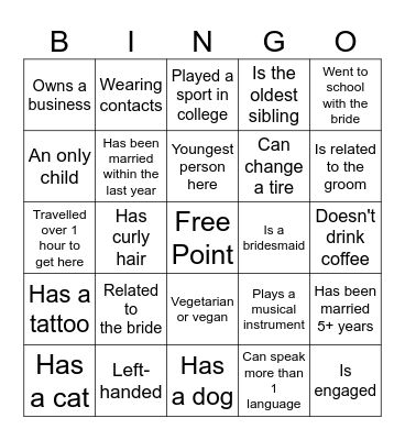 Wedding Bingo! Bingo Card