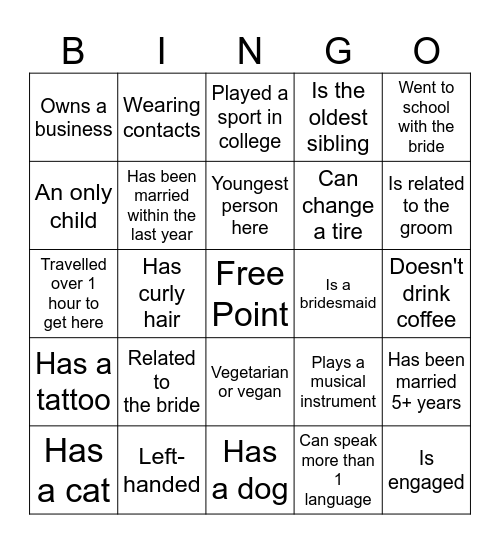 Wedding Bingo! Bingo Card