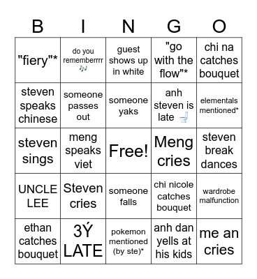 Fall of Steven: Wedding BINGO Card