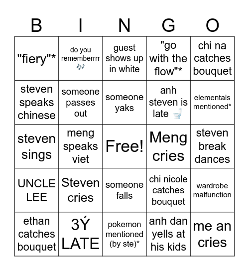 Fall of Steven: Wedding BINGO Card