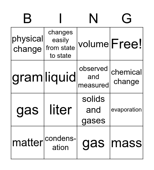 States of Matter Bingo Card