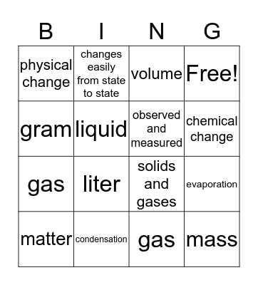 States of Matter Bingo Card