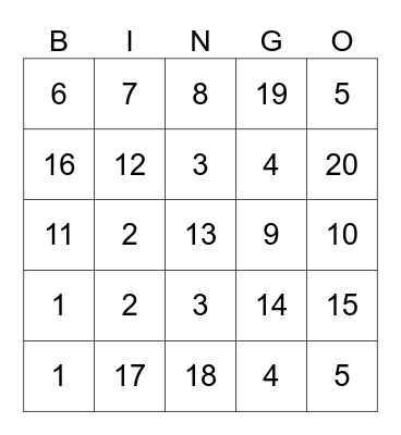 Number Bingo Card