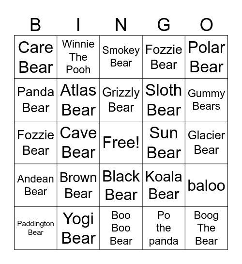 Bear Bingo Card