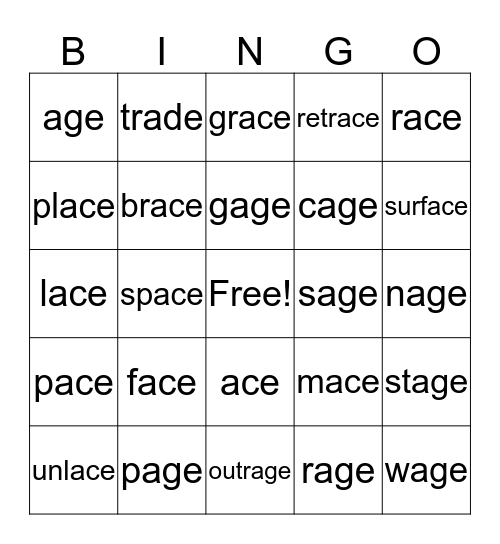 Long A Words (ace,age) Bingo Card