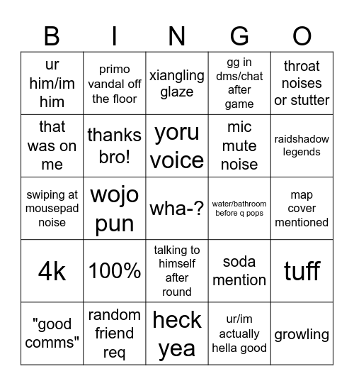 wojoval bingo Card