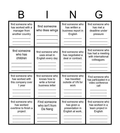 Find Someone Who! Bingo Card