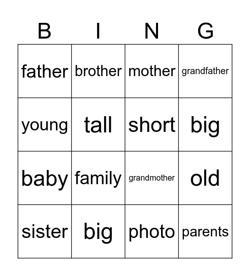 Unit 2 MY FAMILY Bingo Card