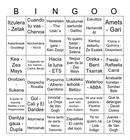Bingo Musikatua Bingo Card