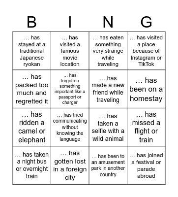 Travel Bingo Card