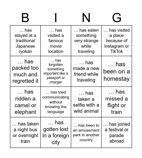 Travel Bingo Card