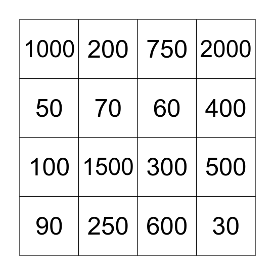 Morning Maths Bingo Card
