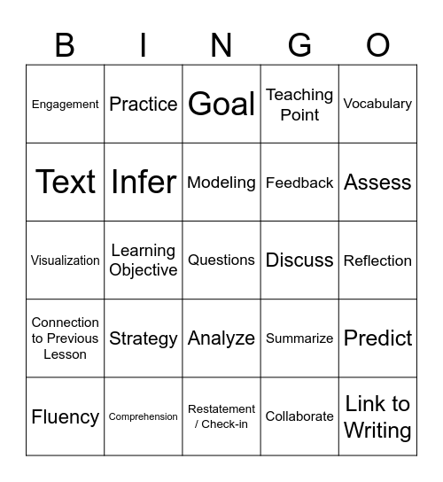 Reading Mini lessons Bingo Card
