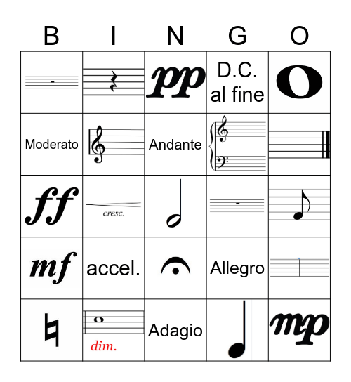 Musical Bingo Card