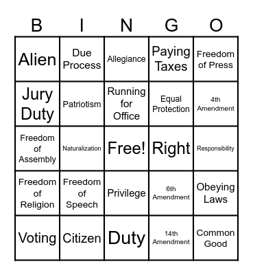 Unit 1 Citizenship Bingo Card