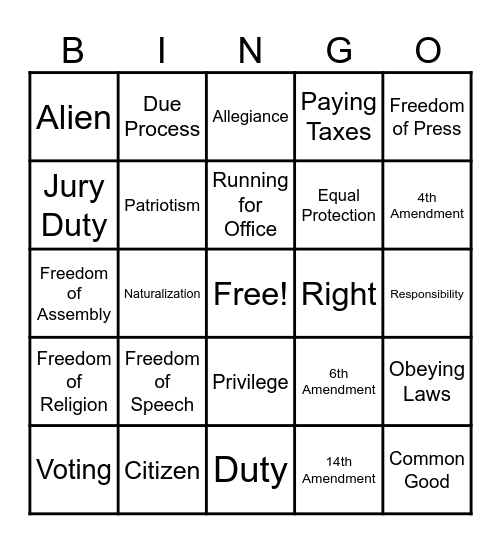 Unit 1 Citizenship Bingo Card