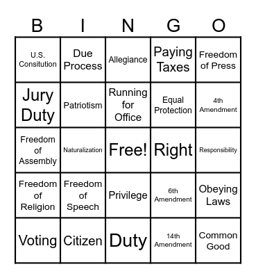 Unit 1 Citizenship Bingo Card
