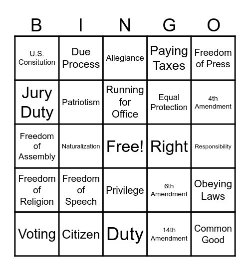 Unit 1 Citizenship Bingo Card