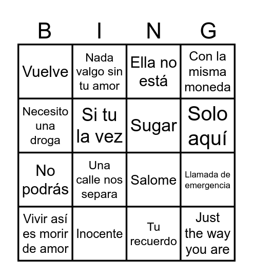 Bingo Musical Naty P Bingo Card
