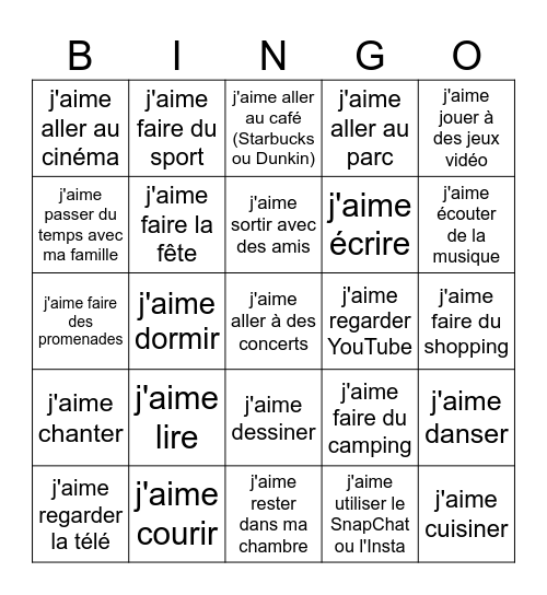 Qu'est-ce que tu aimes faire? Bingo Card