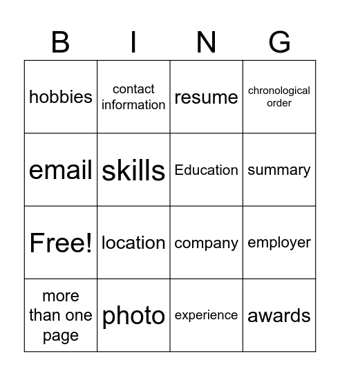 Resume Building Bingo Card
