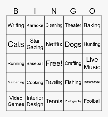 Interests Bingo Card