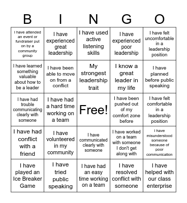 Leadership Bingo Card
