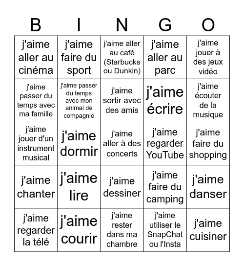 Qu'est-ce que tu aimes faire? Bingo Card
