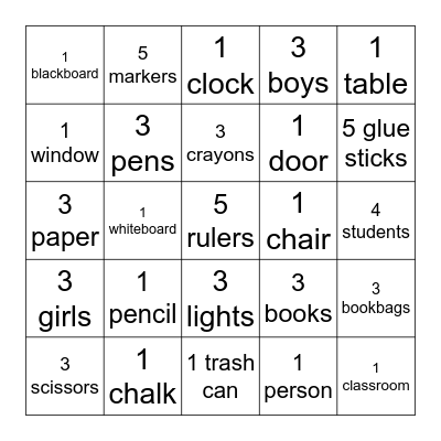 School supplies Bingo Card