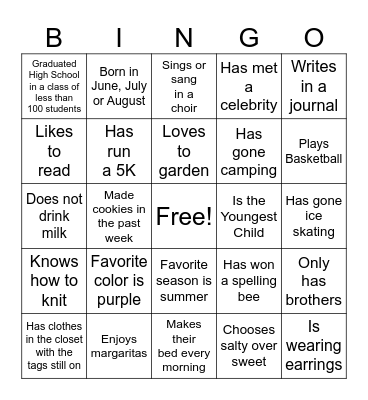 Get to Know You Bingo Card