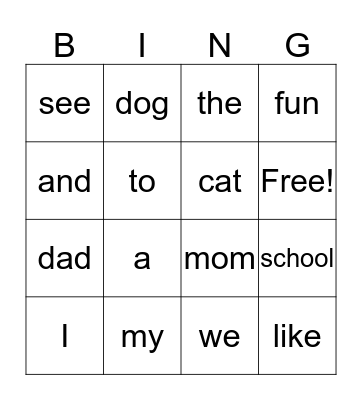 Sight Words Bingo Card