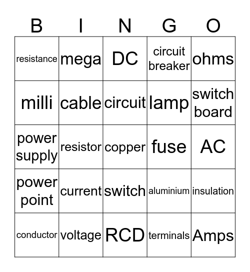 ELECTRICAL BINGO Card