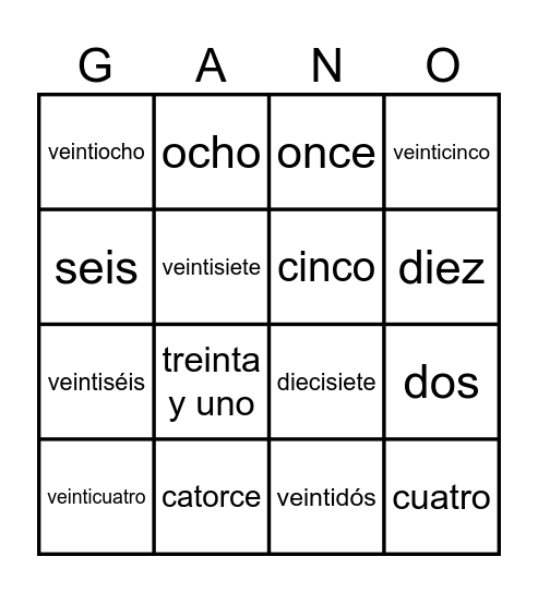 Los números Bingo Card