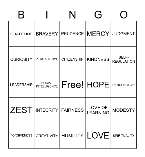 CHARACTER Bingo Card