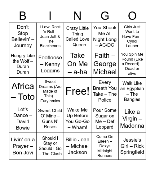 Round 1: Totally Rad 80s Bingo Card